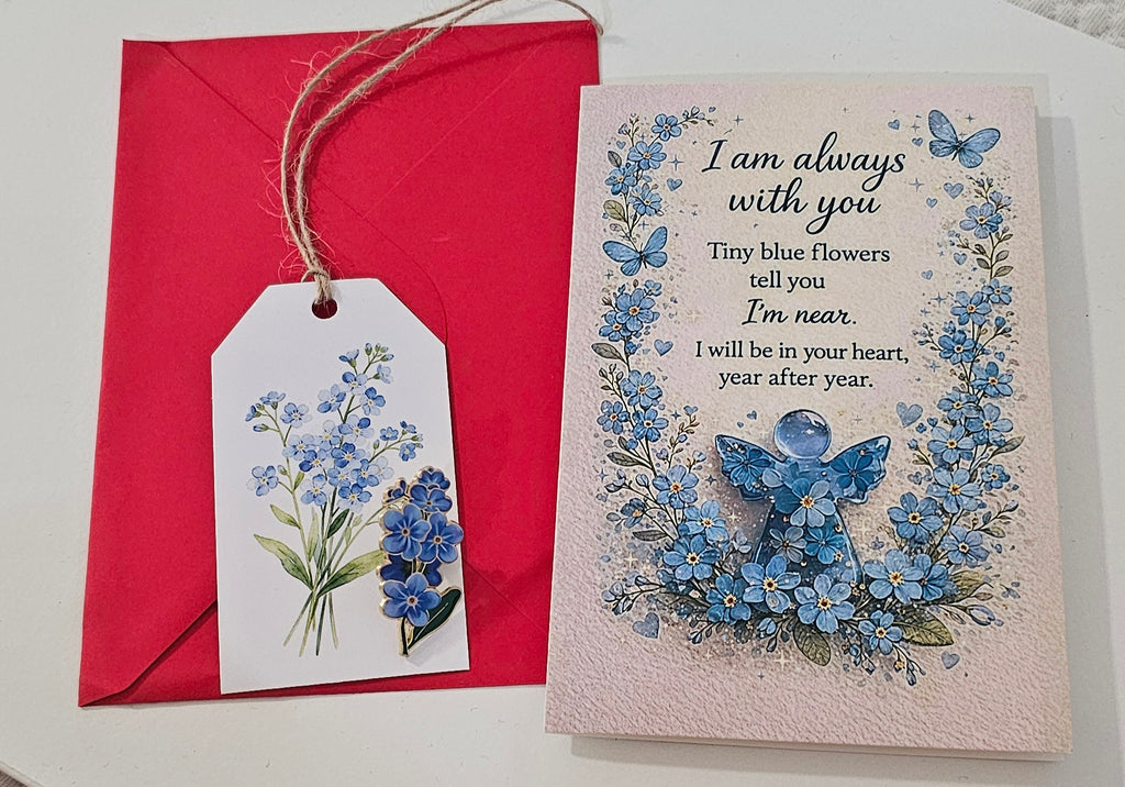 Condolence card with forget-me-not pin and tag